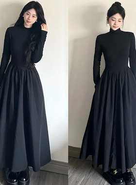 黑色高级感长款连衣裙女大衣内搭气质长裙子新款秋冬季冬装加绒厚