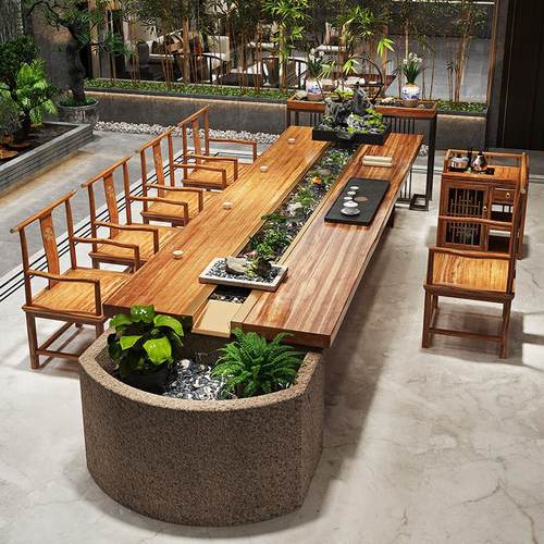 流水茶台养鱼茶桌循环景观一体新中式实木泡茶桌曲水流觞桌椅组合