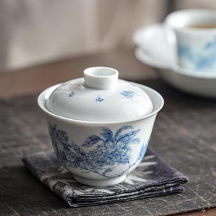 拟古青花手绘橘子花二才盖碗功夫茶具陶瓷家用泡茶碗单碗主泡碗