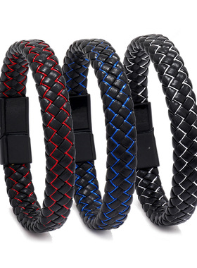 新款复古简约编织双色皮质磁铁扣皮手链 欧美朋克风潮流手饰