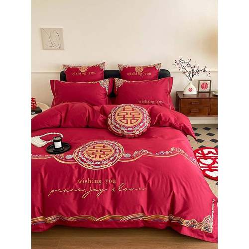中式婚庆全棉四件套床单100刺绣结婚被套床上用品大红