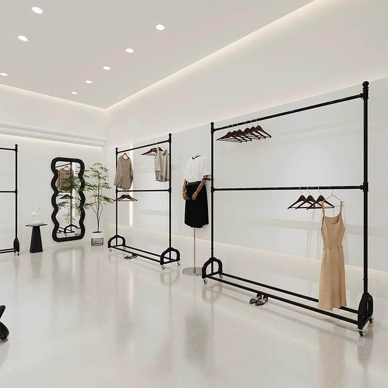 服装店展示架落地式双杆可调移动升降挂衣展示架双层服装陈列架子