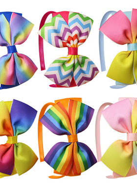 欧美涤纶罗纹带儿童蝴蝶结发箍碎发三层包结手工花头饰头箍