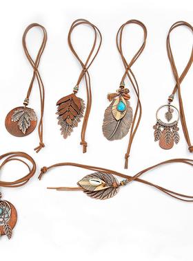 欧美复古项链波西米亚原木双层吊坠流苏项链外贸源头义乌