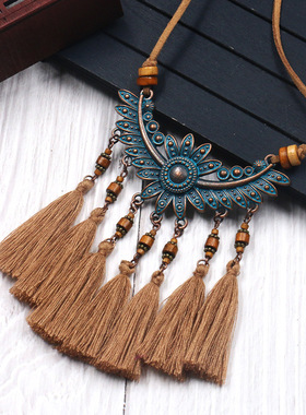 末末饰品时尚流苏项链女 民族风流行布艺线米珠毛衣链配饰项