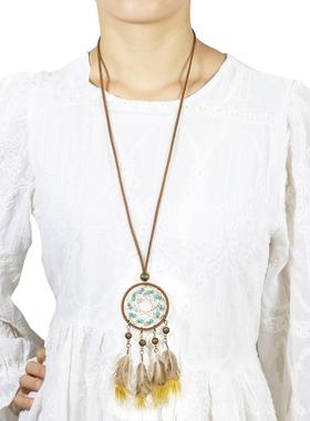 复古民族风饰品项链波西米亚手工羽毛流苏长款捕梦网项链吊坠项饰
