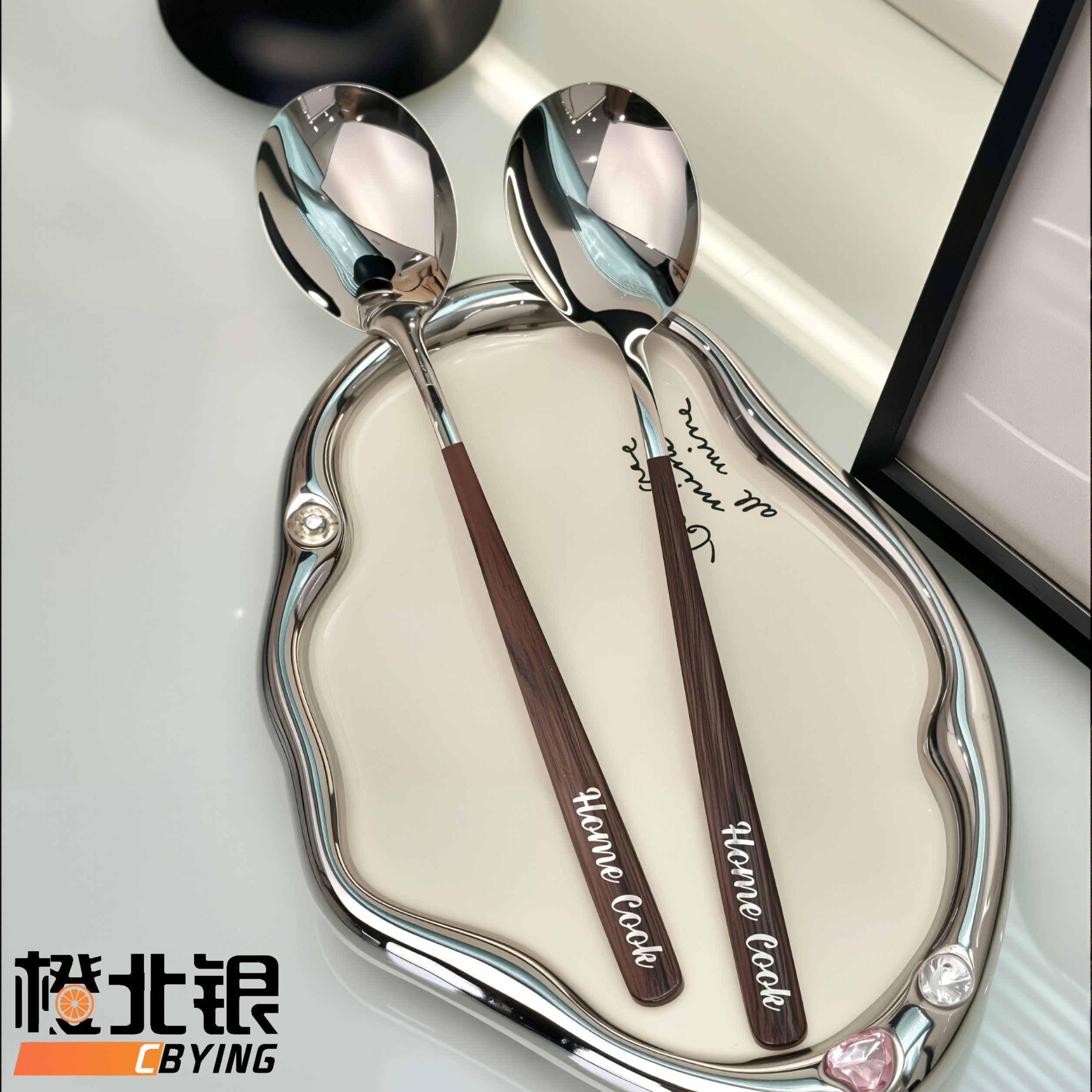 橙北银咖啡搅拌勺ins风圆头吃饭拌饭勺不锈钢仿胡桃木纹西餐汤勺