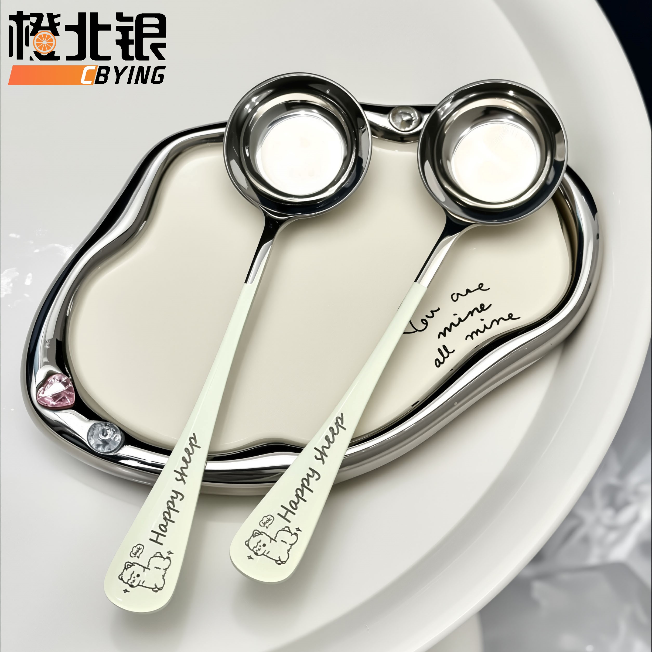 橙北银不锈钢长柄卡通羊驼勺子韩式拌饭勺圆头平底勺家用吃饭汤勺