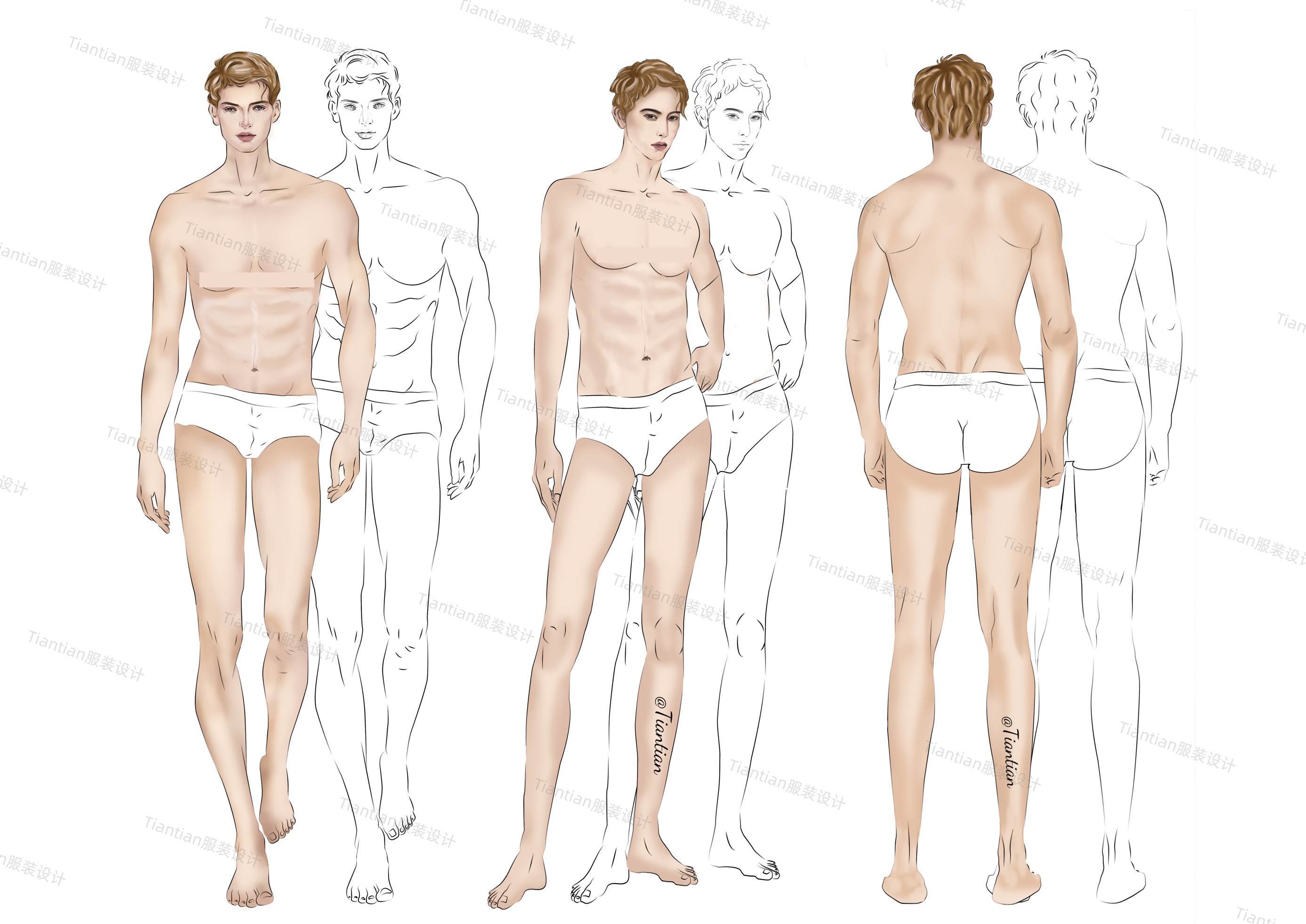 服装设计模特素材procreate人体可商用效果图男免扣png正侧背原创