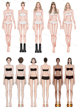 手绘服装设计效果图模特procreate/ps无底psd免抠素材人体女正背