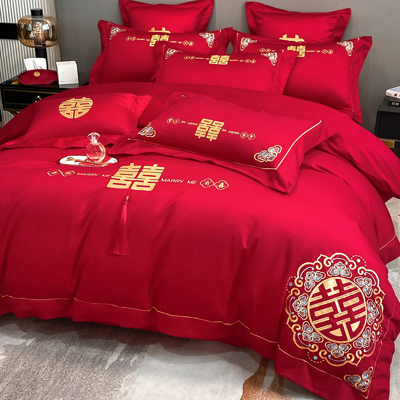 新中式婚庆四件套纯棉大q红色100s长绒棉刺绣被套结婚喜被床上用