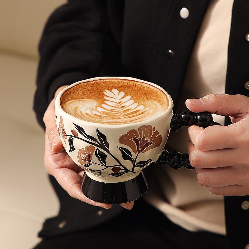 法式复古马克杯陶j瓷高脚杯早餐杯子伴手礼女士高颜值喝水杯咖啡