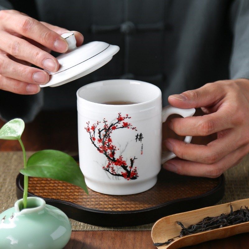 家用带盖陶瓷杯子水杯会议室茶杯待客杯子套M装酒店茶杯马克杯定