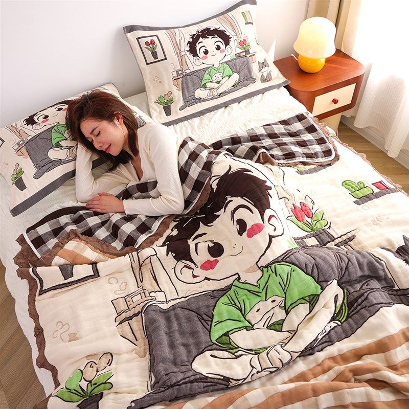十层精梳棉泡芙被三件套四季v通用柔软亲肤卡通盖毯A类全棉毛巾被