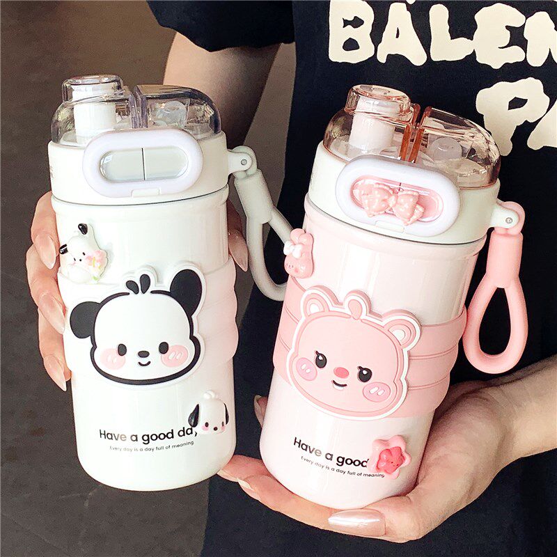 双饮保温杯2024新款女高颜值可爱吸管水杯学生便R携316不锈钢杯子