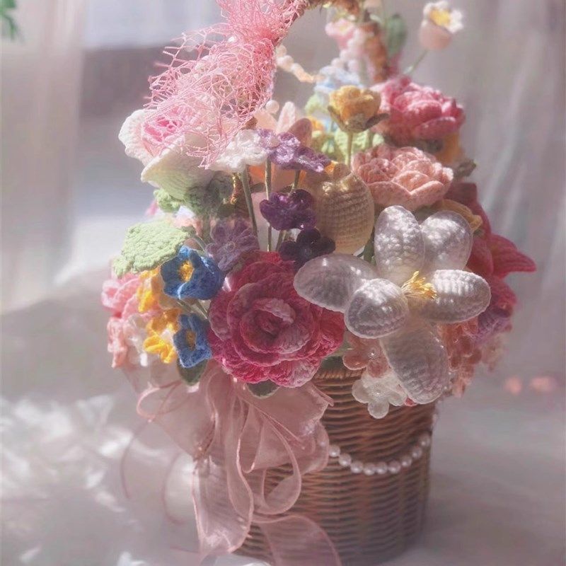 一路生花钩织手工编织花束diy材料包玫瑰向日葵T成品花篮送女朋友,服饰配件/皮带/帽子/围巾,DIY编织材料包,淘宝优惠券,粉丝福利购,淘宝优惠卷