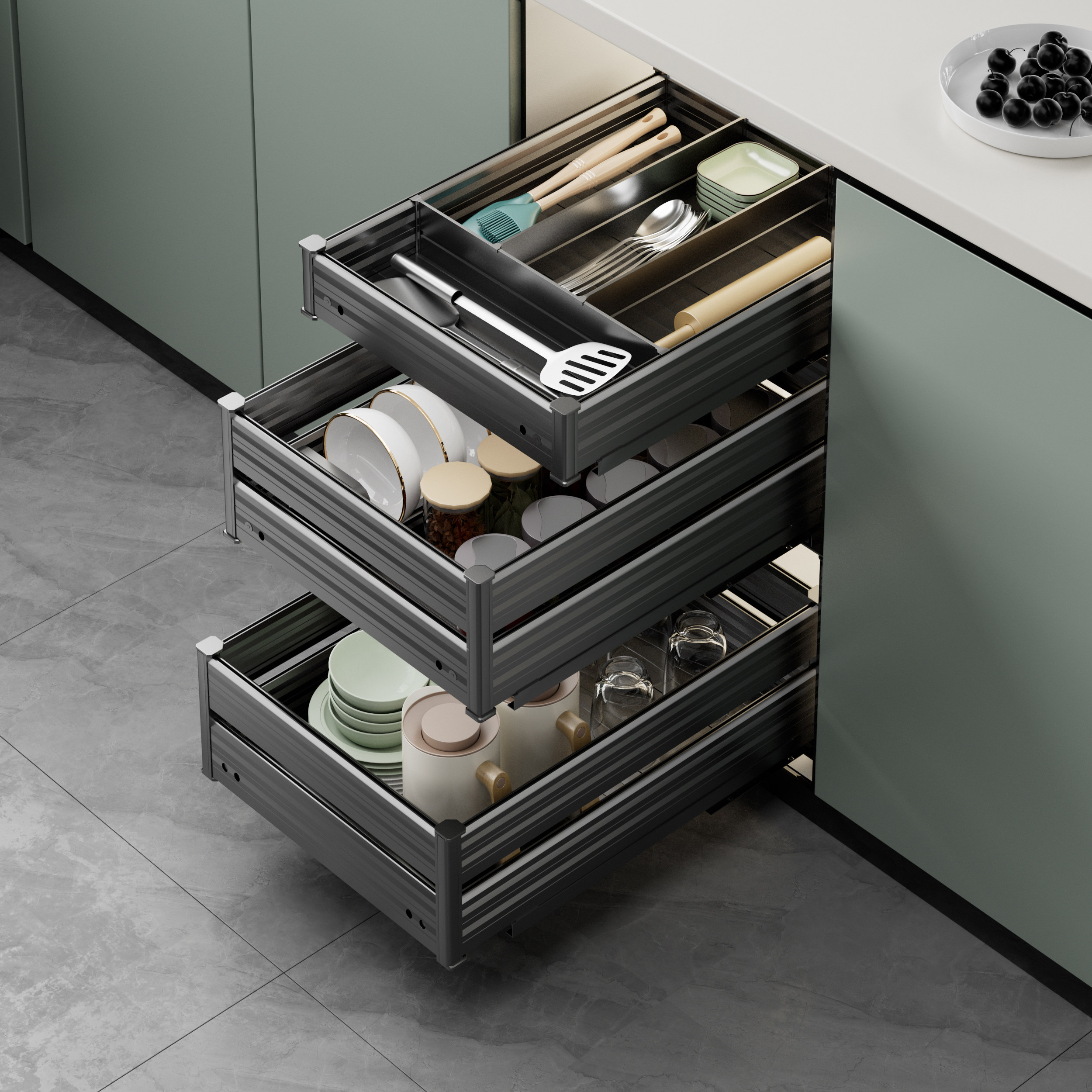 窄柜拉篮小尺寸三层铝合金厨房橱柜极窄碗碟篮抽屉式双层锅碗厨柜