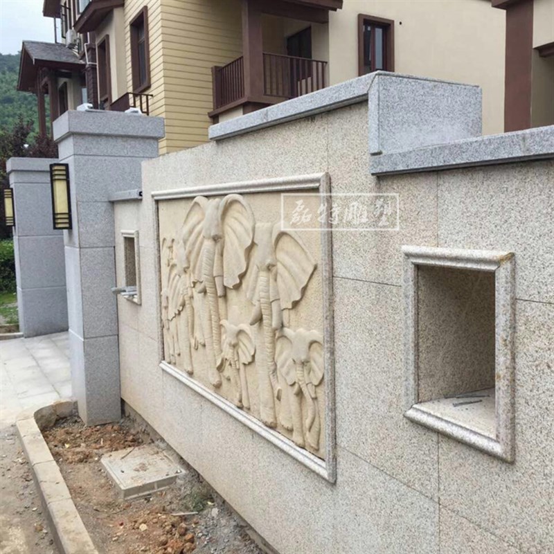 现货砂岩群象浮雕壁画 别墅庭院小区公园围墙背景墙装饰 外墙立体图片