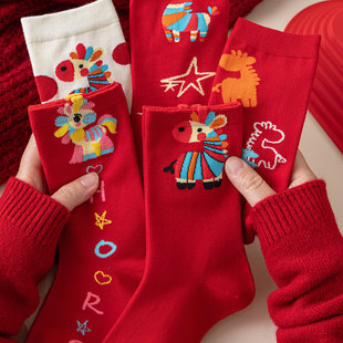 儿童新年红袜春秋新款保暖中筒袜冬季男女童卡通马年红色中筒袜HH
