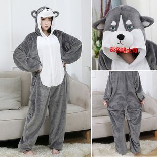 连体动物睡衣爱情公寓法兰绒如厕版哈士奇卡通动物连体睡衣家居服