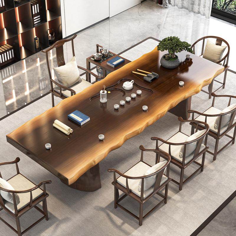 新中式原木大板茶桌椅办公室接待实木茶桌家用自然边茶台茶几环保
