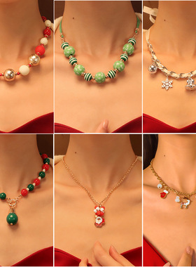 欧美热卖圣诞节项链时尚简约锁骨链红绿白串珠节日项饰NK26240