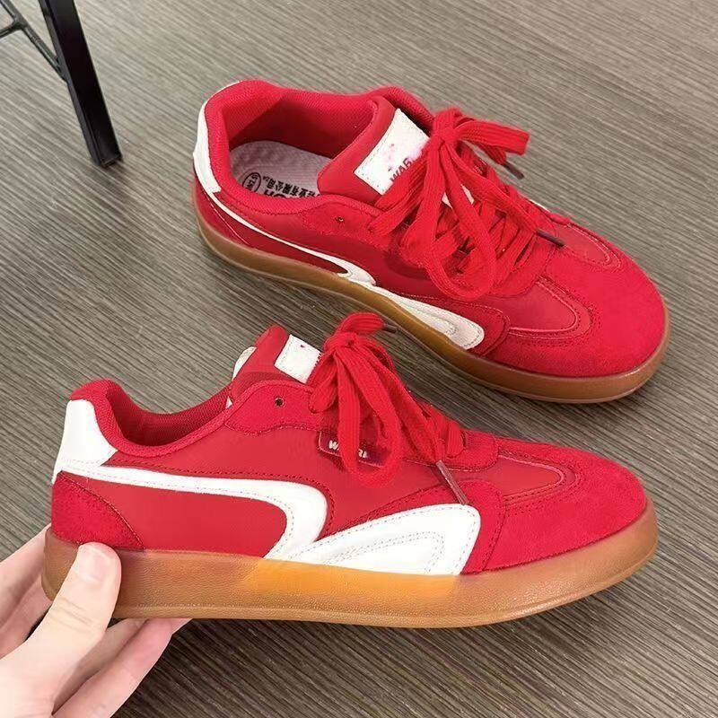 2026春夏季复古运动风红色德训鞋女厚底系带拼色百搭板鞋休闲女鞋