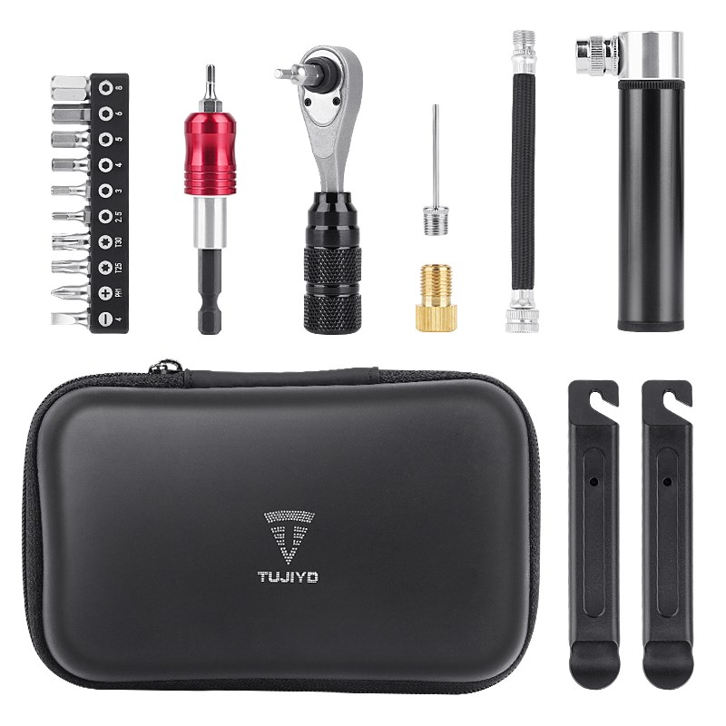 TUJIYD自行车维修工具盒棘轮套筒扳手撬胎棒打气筒多功能工具包