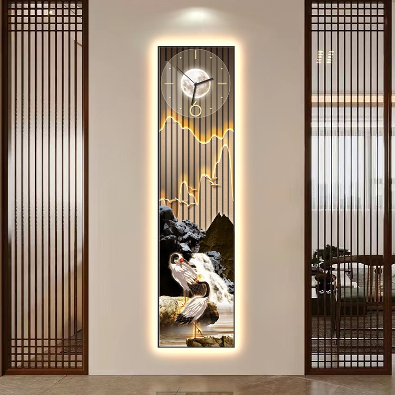 迎客松玄关装饰画松鹤延年钟表挂钟客厅细长条挂画走廊过道壁灯画