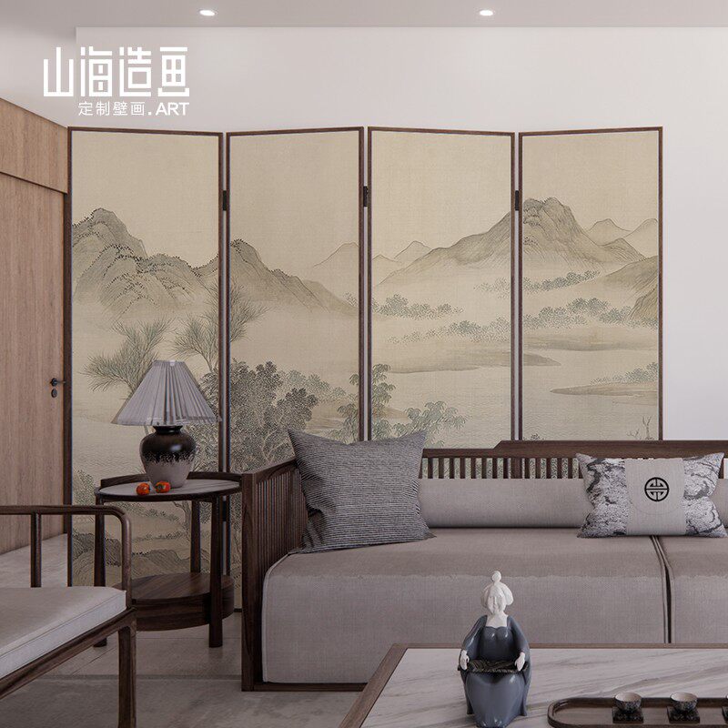 新中式山水画墙布茶室书房大气素雅背景墙客厅沙发壁纸定制壁画