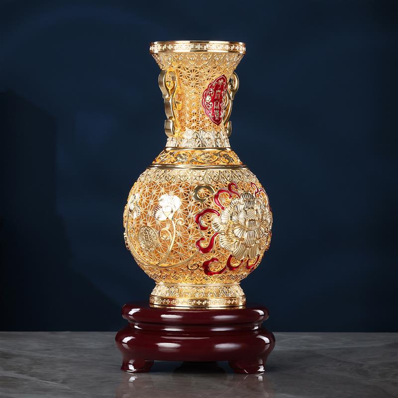 彩铜摆件花丝花开富贵花瓶高档玄关客厅工艺品中式艺术送乔迁礼物