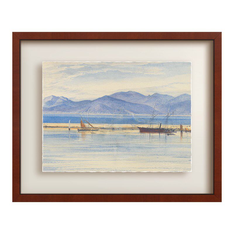 静海》蓝色水彩风景画南法风复古艺术客厅装饰画法式餐厅玄关挂画