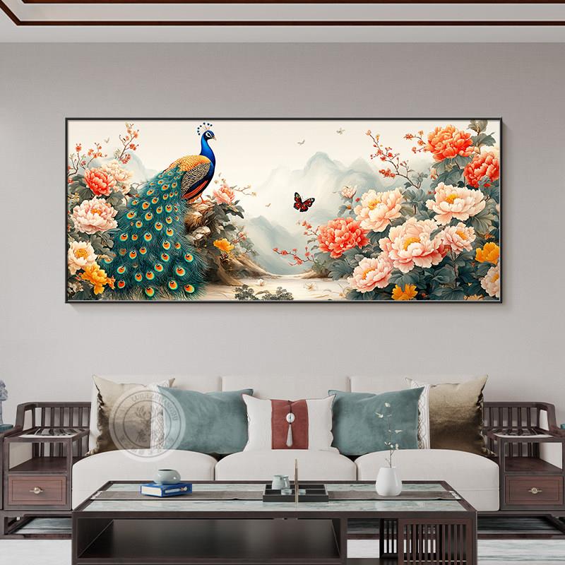 中式牡丹花客厅装饰画大白墙沙发背景孔雀画花开富贵横版晶瓷壁画