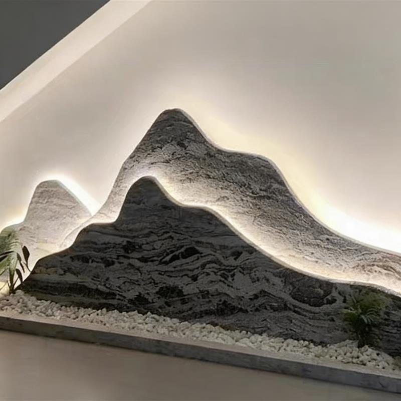 天然雪浪石切片石组合新中式室内造景灯光墙庭院景观泰山石背景墙