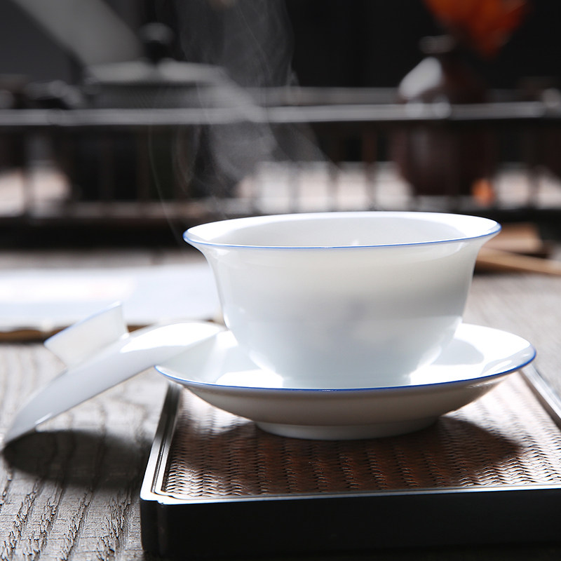 薄胎三才盖碗茶杯景德镇陶瓷甜白玉瓷白瓷功夫茶具大号泡茶碗单个