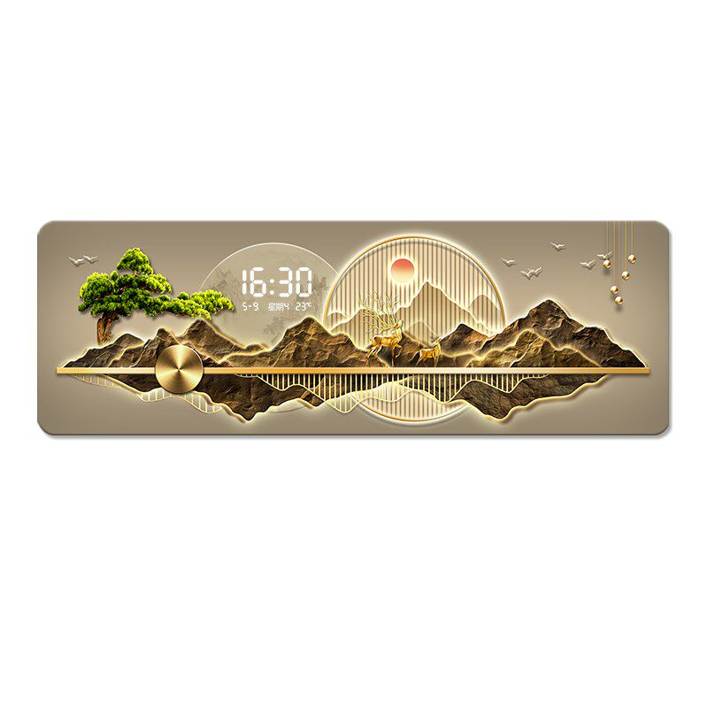 背有靠山客厅装饰画轻奢高级感电子时钟沙发背景墙挂画迎客松壁画