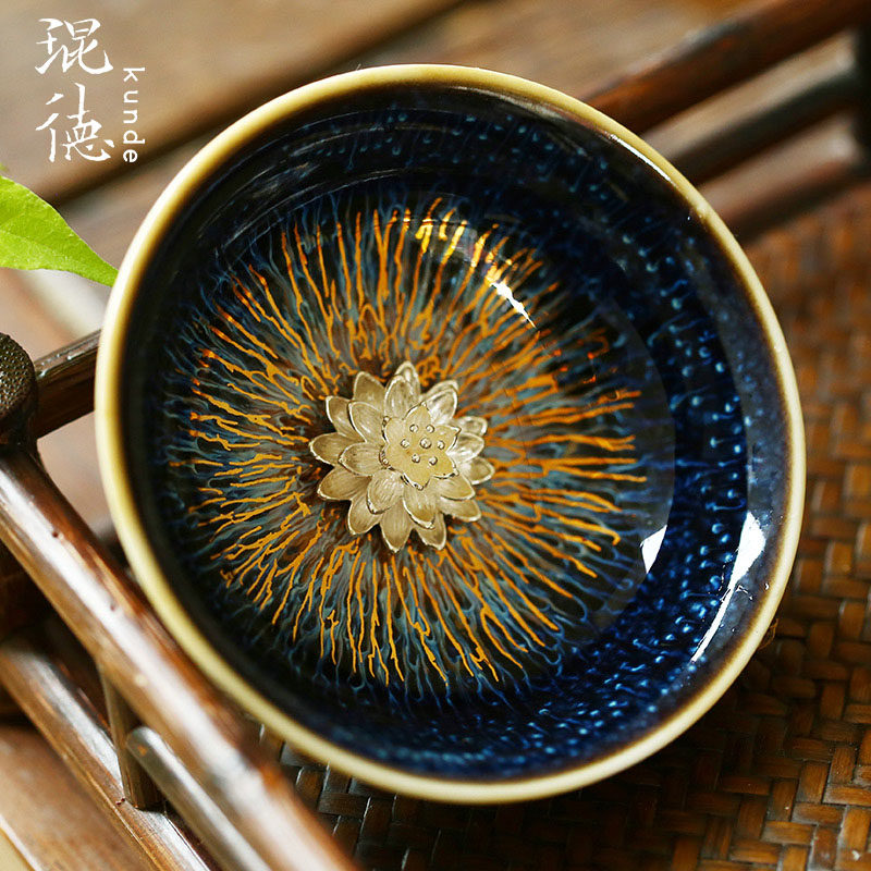 纯手工建盏功夫茶杯陶瓷茶盏主人杯男士窑变单品茗杯金丝天目银杯