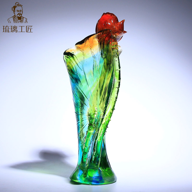高档琉璃工艺品荷花装饰花瓶摆件客厅餐桌插花干花奢华轻奢艺术品