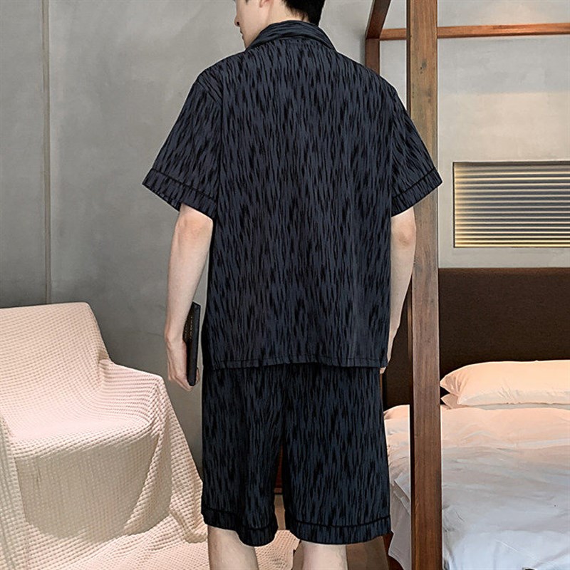睡衣男夏季冰丝睡衣短袖短裤薄款男士男生夏天黑色家居服大码套装