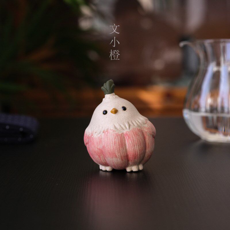 文小橙丨紫砂胖蒜鸟茶宠茶桌精品可爱小摆件茶道创意紫砂壶盖置