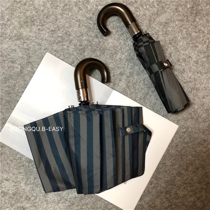 新品十骨弯钩复古木手柄简约条纹三折全自动晴雨折叠伞男女太阳伞
