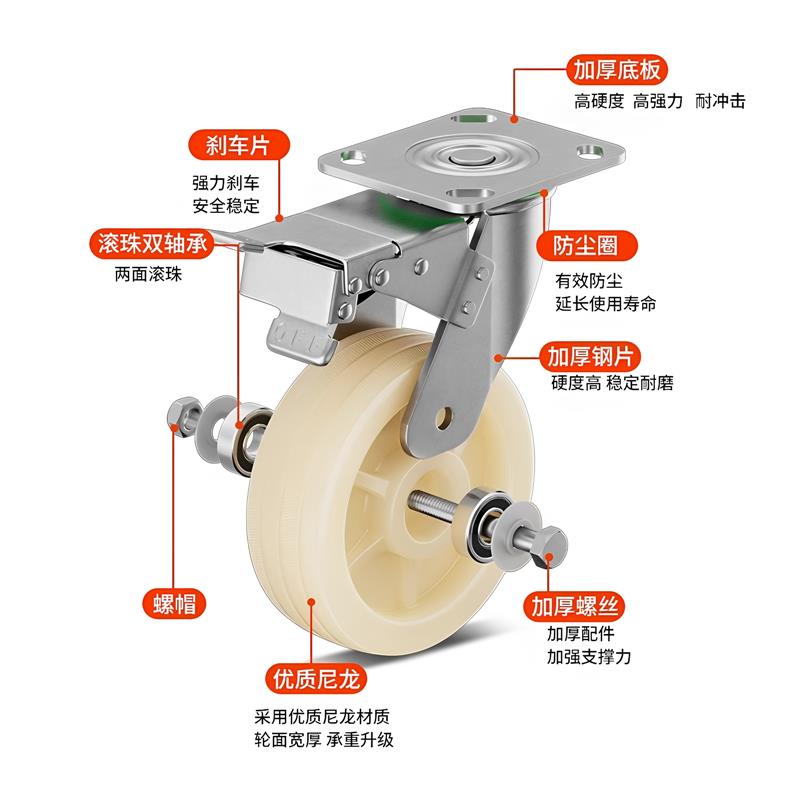 万向轮6寸重型工业脚轮尼龙承重耐磨轱辘带刹车平板手推拖车轮子