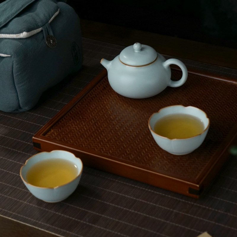 汝窑旅行茶具套装景德镇陶瓷一壶二杯泡茶壶便携复古天青色礼盒装