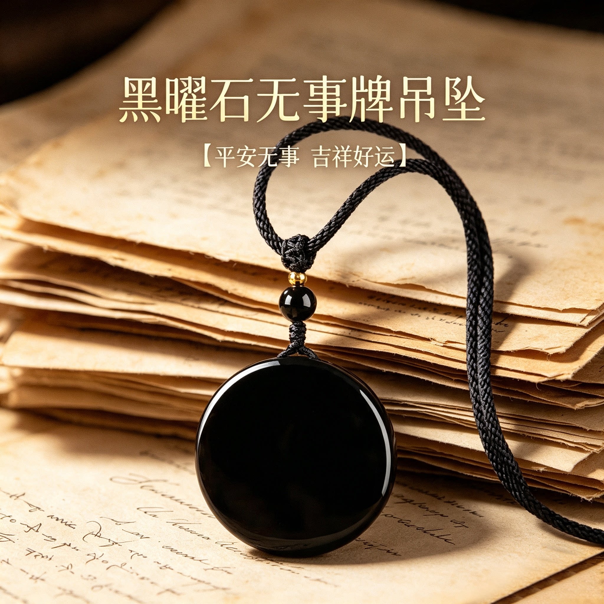 天然黑曜石无事牌吊坠定制刻字