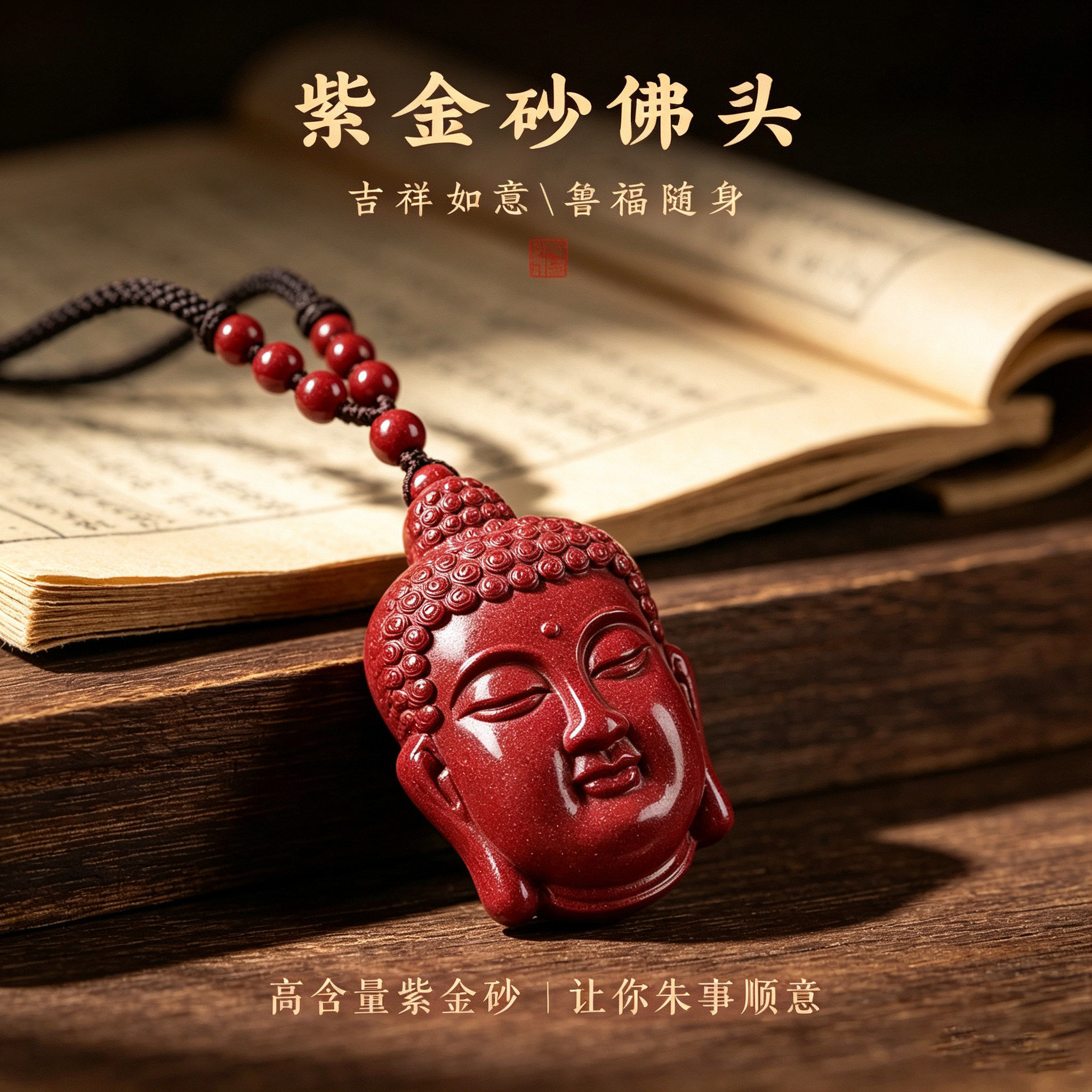 天然朱砂佛头吊坠本命年转运