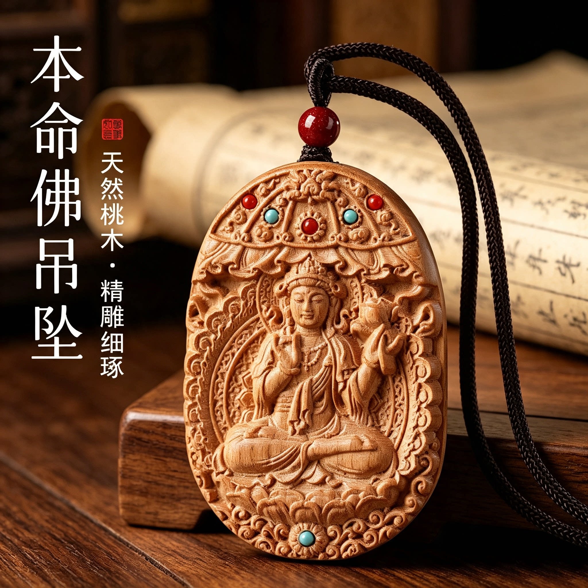 正品天然老桃木本命佛吊坠护身符