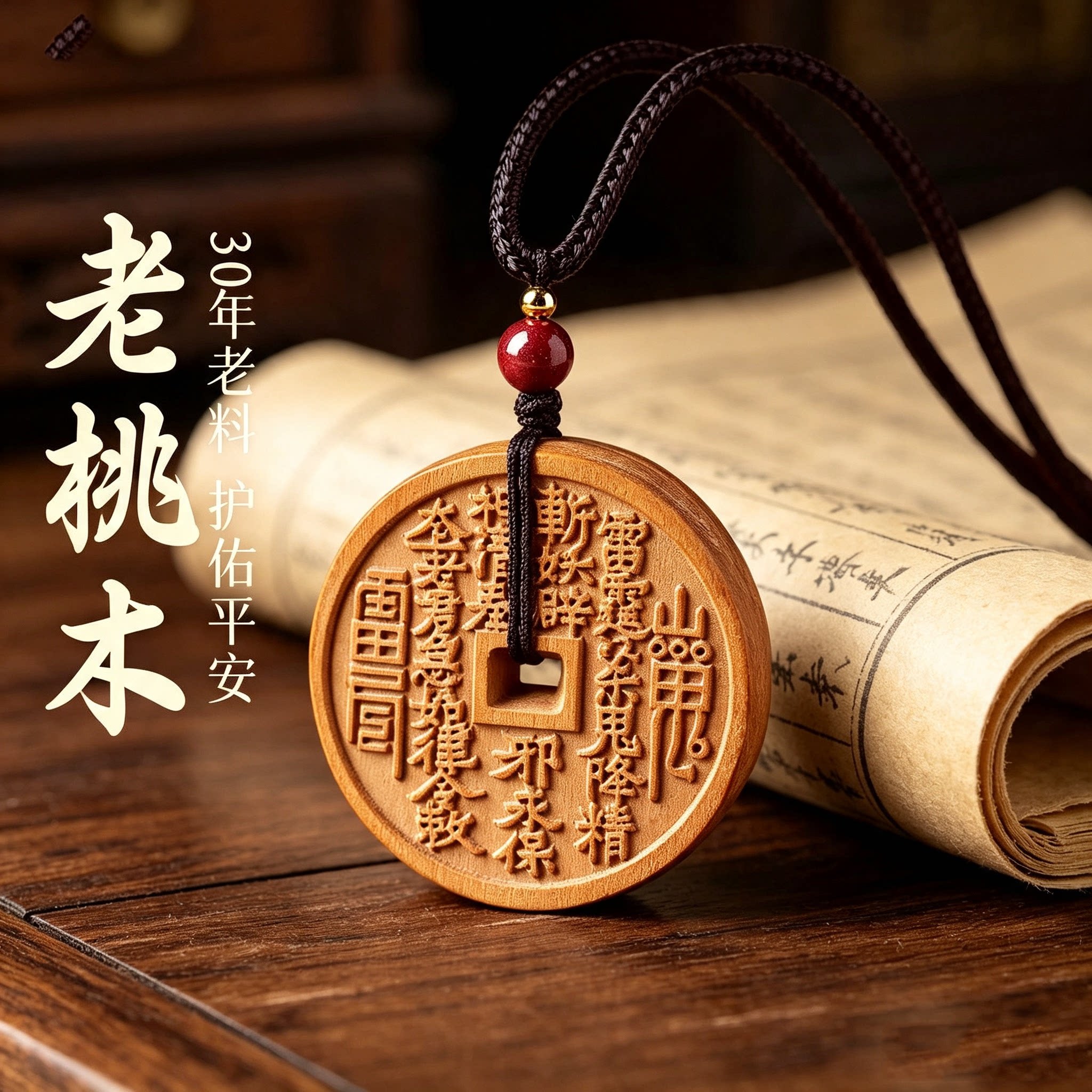 正品老桃木山鬼花钱本命年吊坠