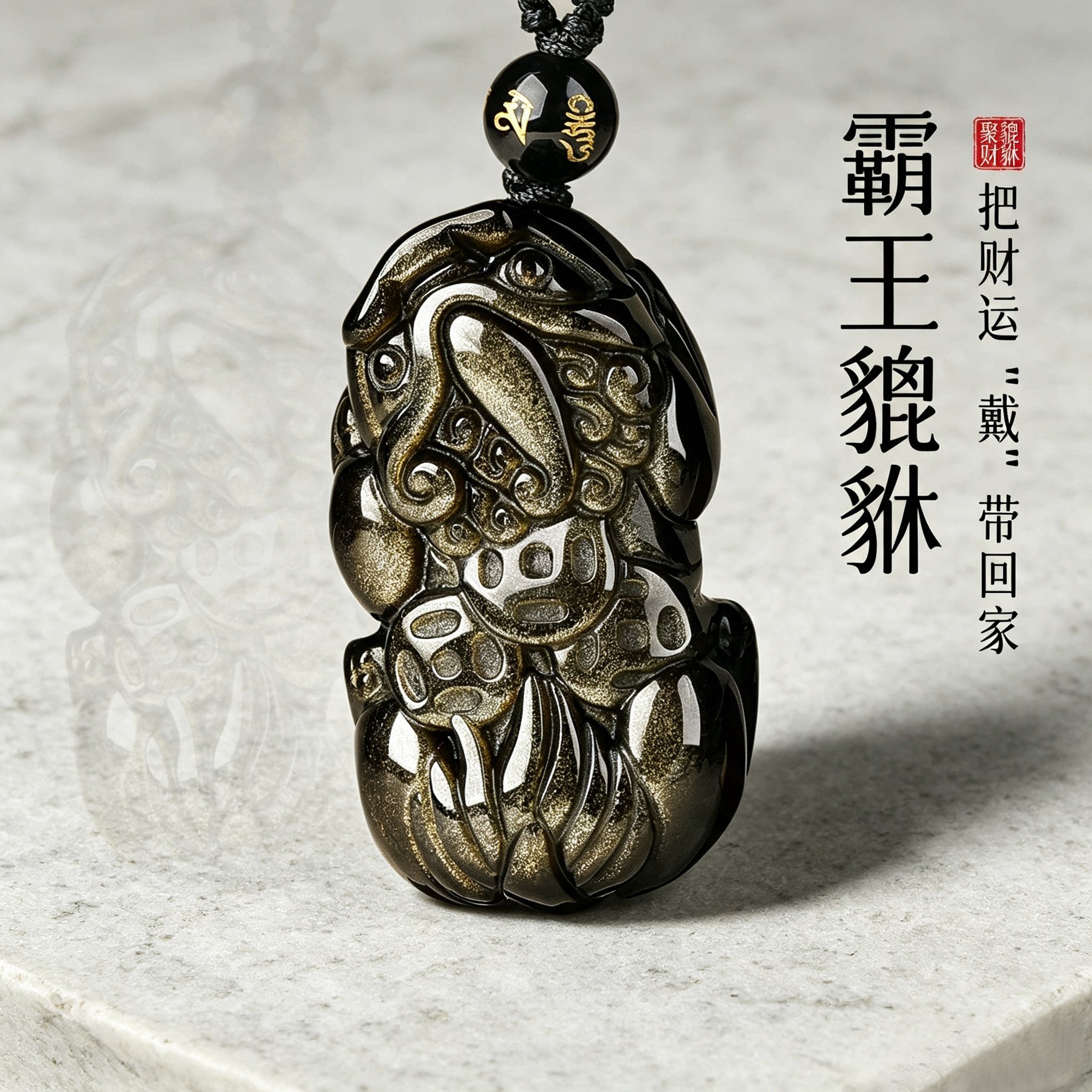 天然黑曜石貔貅招财转运吊坠
