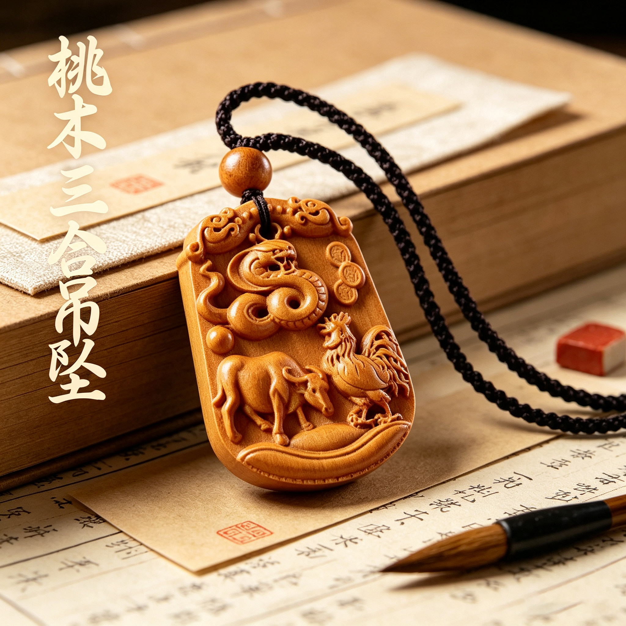 天然老桃木属马本命年生肖吊坠