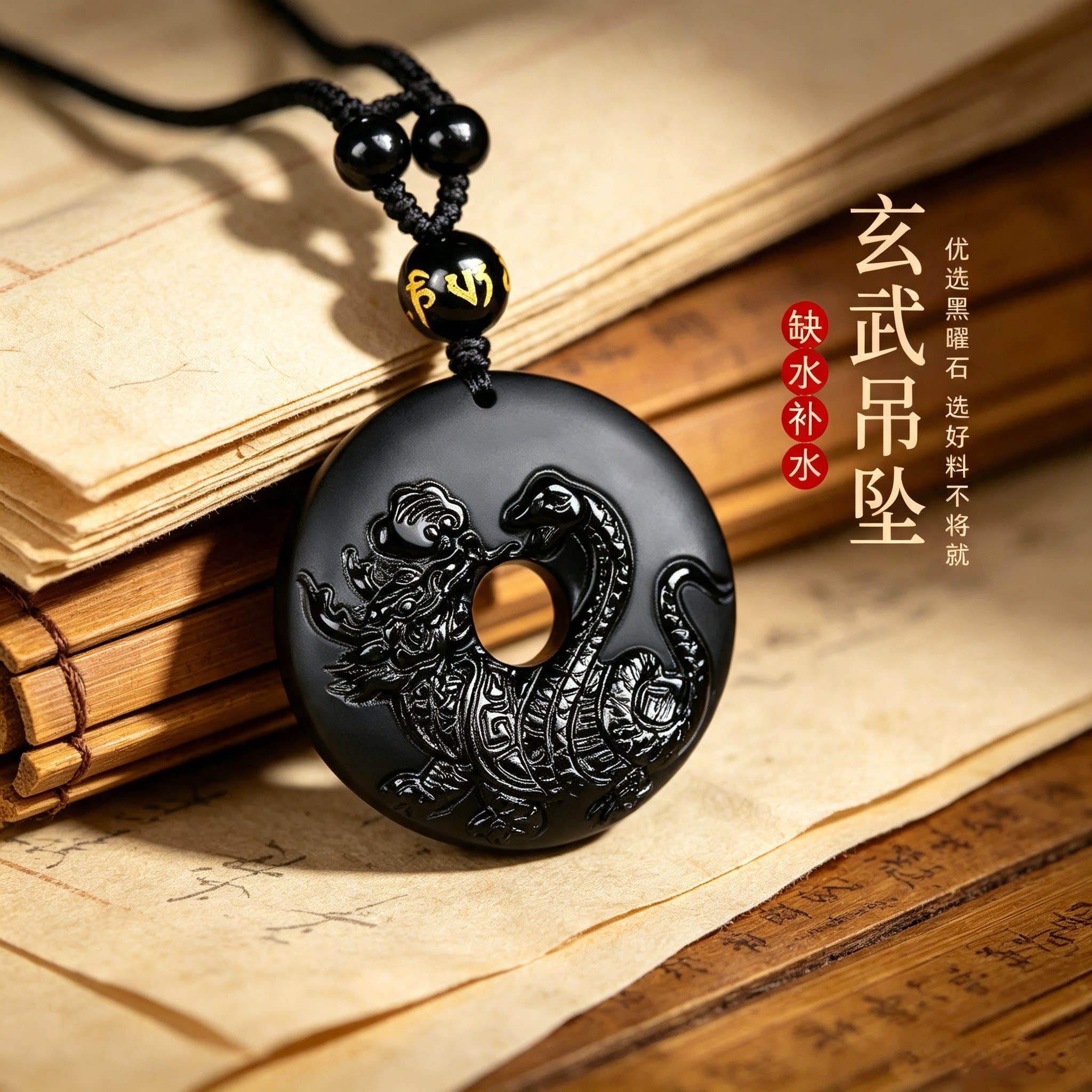 天然黑曜石玄武本命年转运吊坠